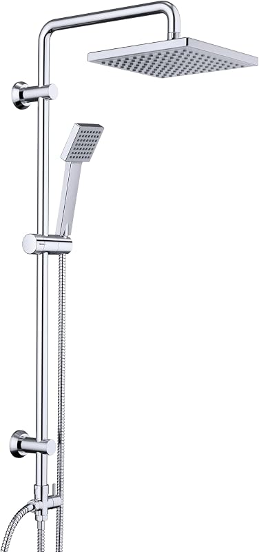 JOHO Colonna Doccia Acciaio Inox Fori Muro Regolabili, Asta Doccia Saliscendi Con Doccetta e Soffione, Set Doccia a Pioggia senza Miscelatore, ABS 20x20 cm Cromo