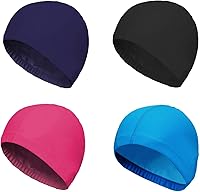 SUNTRADE 4-Pack Nylon Spandex Swim Caps for Men Women Kids - Comfortable No-Hair-Pull Fit, 4 Colors (Blue Black Pink Dark Blue)