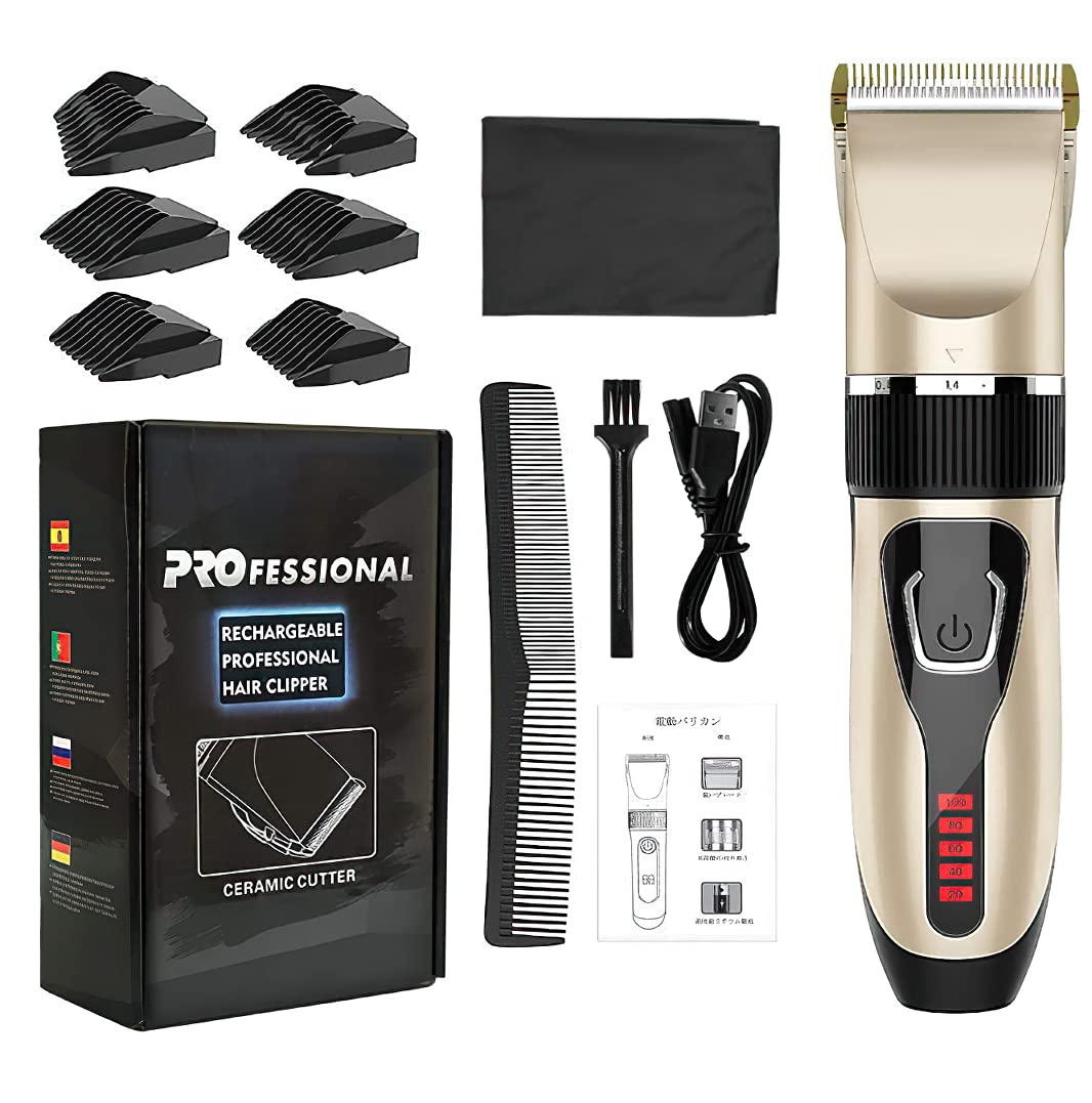 Hair Clipper, RUEOO ZCC100 Clippers for Men - Pro Cordless Hair Trimmer Led Display USB Rechargeable Mens Clippers, Five-Level Adjustable Length Electric Haircut Kit with 6 Guide Combs