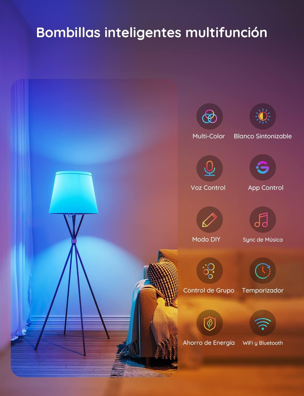 Govee Bombilla LED E27 Inteligentes WiFi y Bluetooth, Compatible con SmartThings, Matter, Alexa y Google Assistant, 800LM, 16 Millones de Colores DIY RGBWW, Bombilla Inteligente, Juego de 2