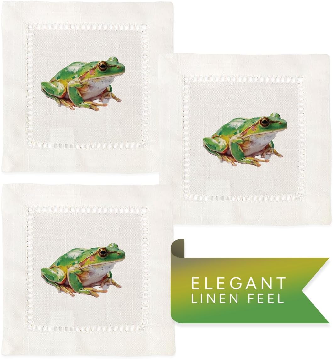 Jolitee Decorative Hemstitch Cocktail Napkins, 6"x6" Washable Linen-Like Cloth Napkins, Handmade for Entertaining and Everyday Use (Green Frog)