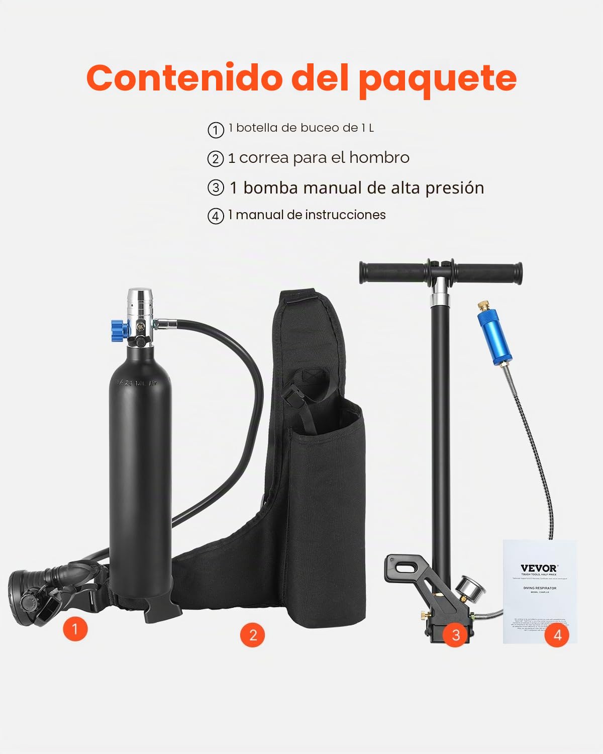 VEVOR Tanque de Buceo Portátil 1 L, Cilindro de Oxígeno para Buceo Que Permite Respirar bajo el Agua 15 a 20 Minutos, Profundidad de Buceo de 30 m, para la Exploración Subacuática, 89 x 360 mm