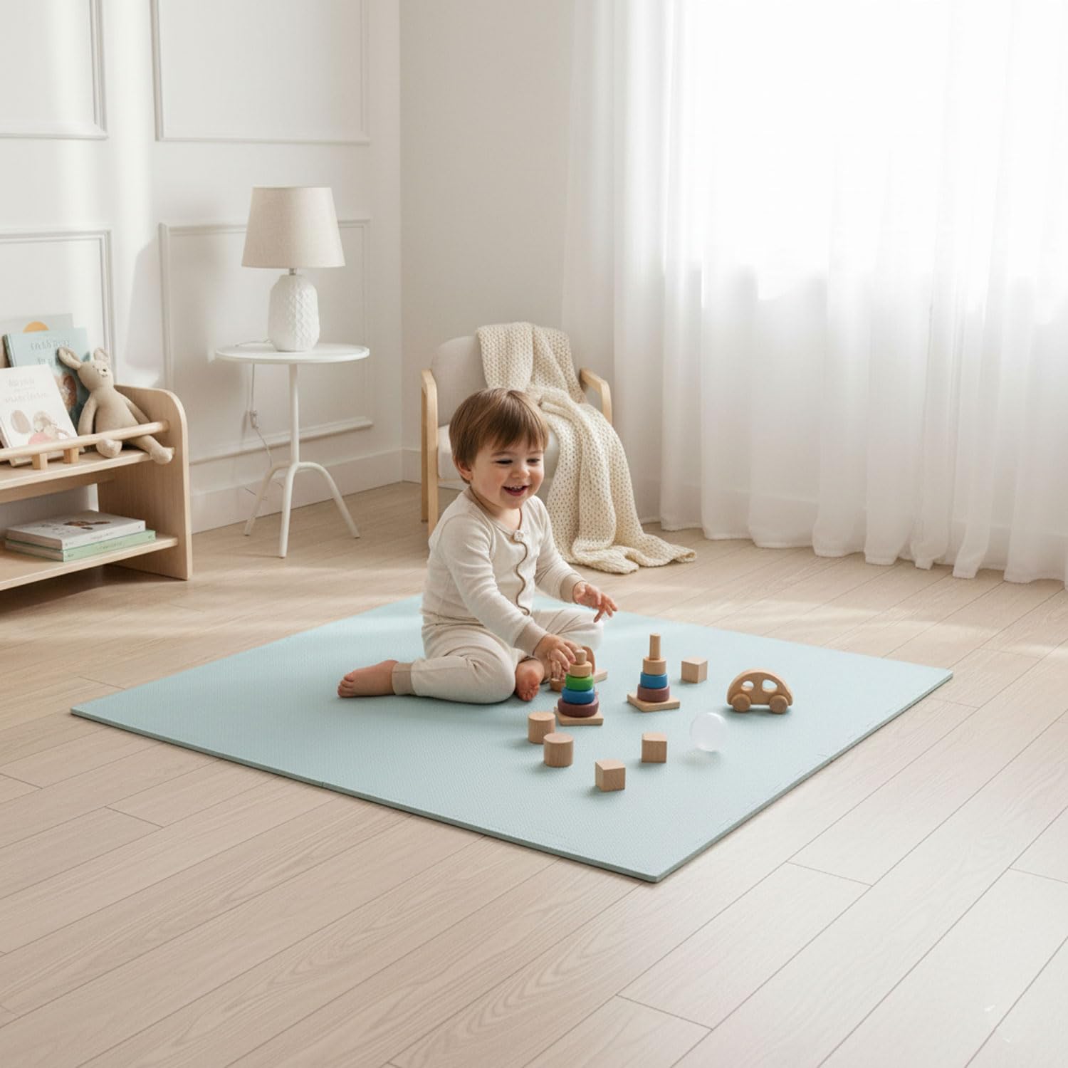 LittleTom Alfombra Puzzle Infantil Azul - 4 Piezas Encajables 50x50 cm - Colchoneta de Goma Espuma EVA 100x100 cm para Niños - Protector Suelo Acolchado sin BPA - Manta de Juegos Impermeable