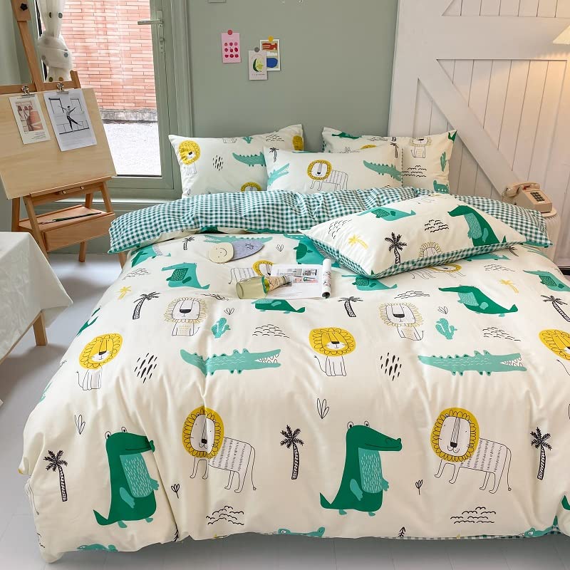 Biancheria da letto in 100% cotone - Taglia singola per bambini, ragazzi e ragazze - Motivi: Animali dei cartoni animati. Copripiumino con stampa di coccodrillo e leone, verde, per tutta la stagione