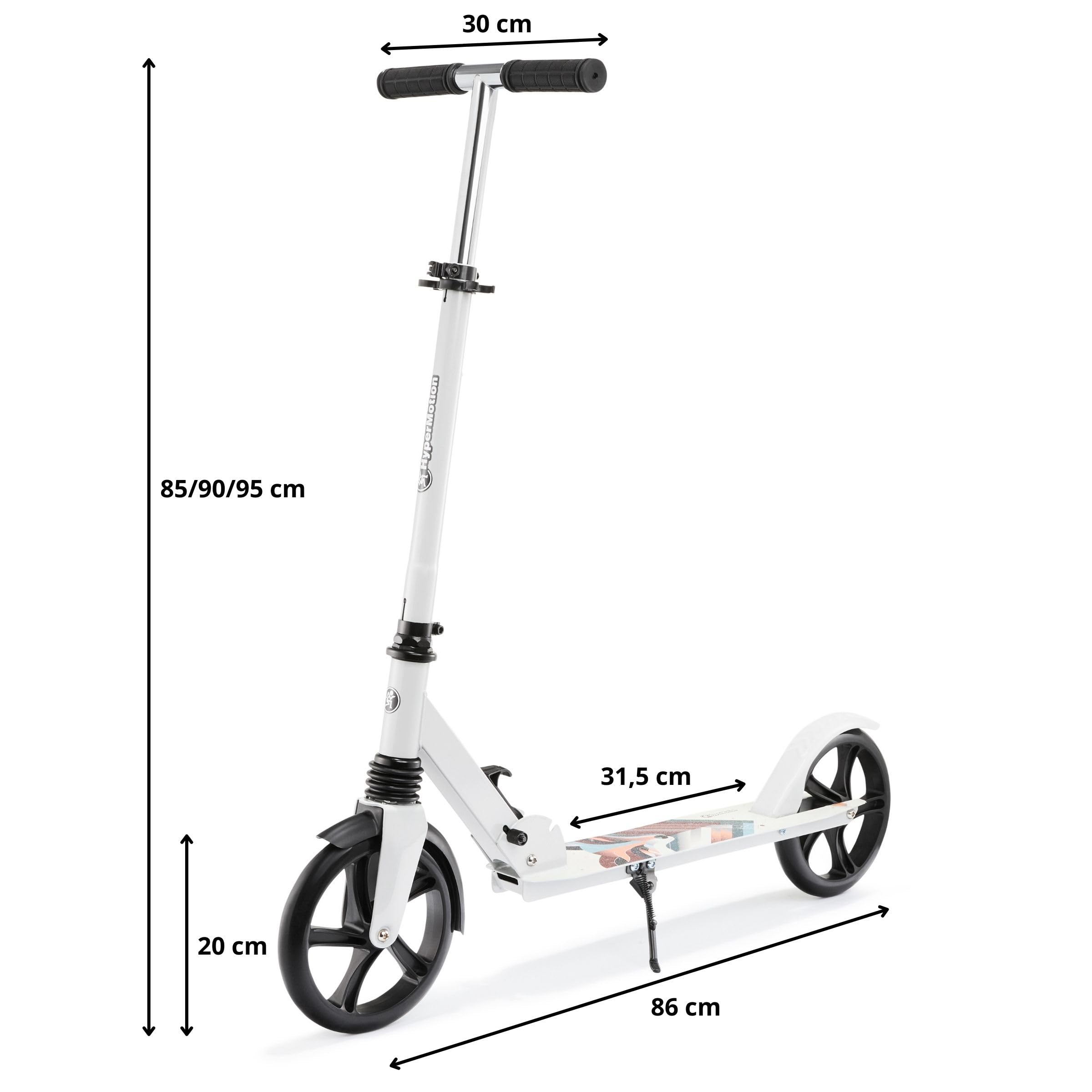 HyperMotion Hulajnoga Dwukołowa dla Młodzieży i Dorosłych, z Amortyzatorem, do 100kg, Regulowana Kierownica 85-95 cm, Antypoślizgowy Deck, Stabilna, Łożyska ABEC-7, Składana, Zimowy Lis
