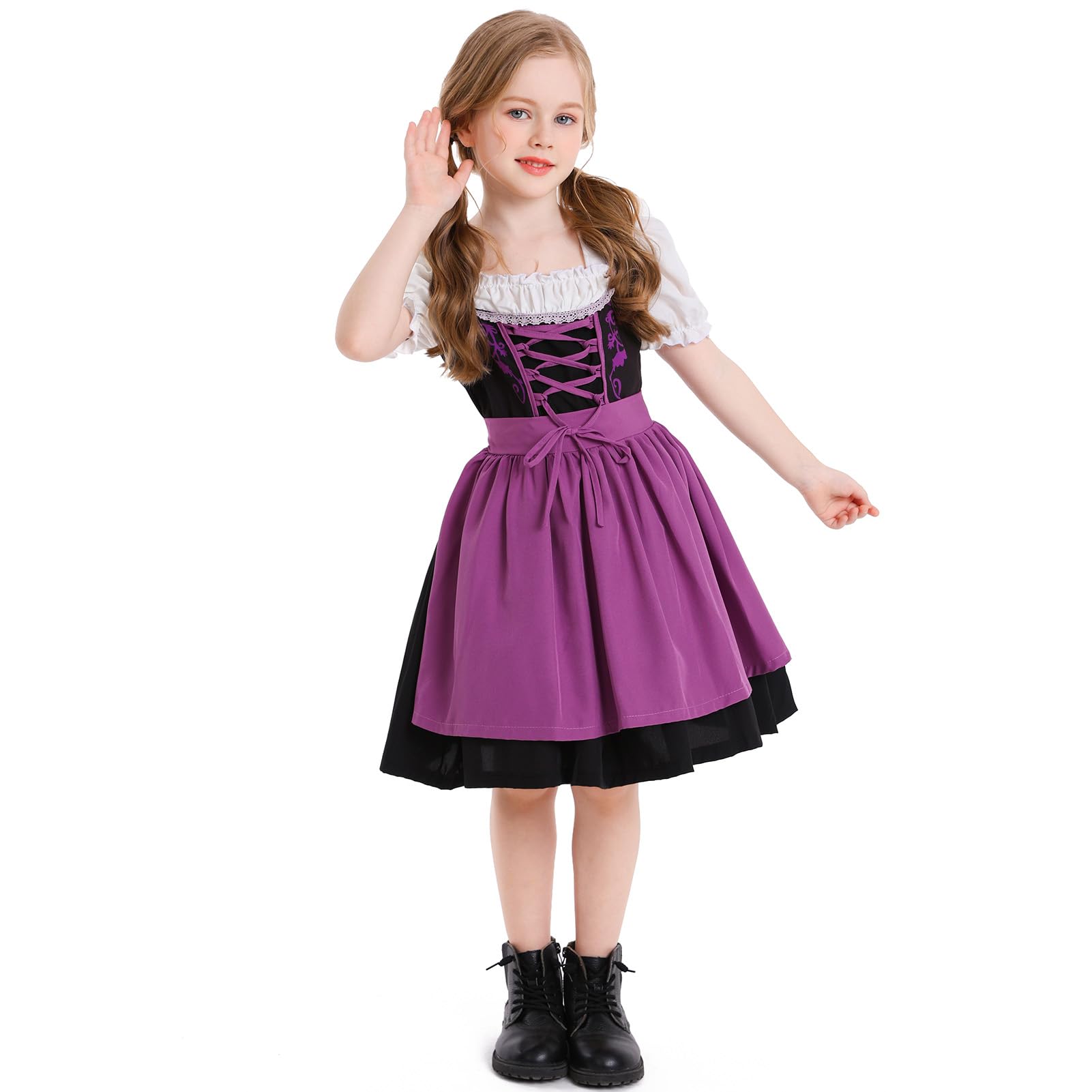 OBEEII Dirndl Mädchen-2Stück Set Dirndl Kleid mit Trachtenbluse und Schürze Bayerisches Tracht Deutsche Oktoberfest Trachtenkleid