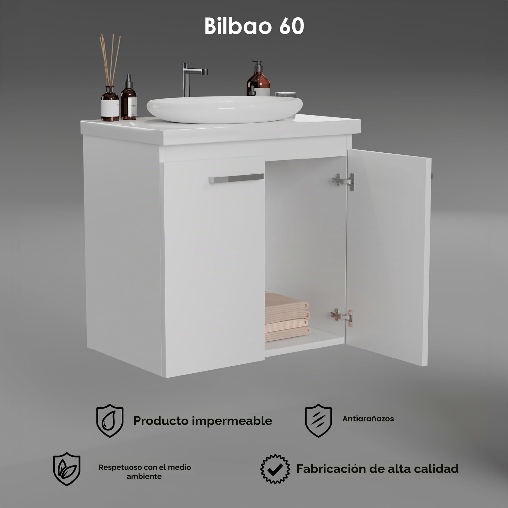 Armario de baño con accesorio Bilbao Top (ancho x profundidad x alto) 61,5 x 40 x 58 cm, armario para lavabo, armario inferior con encimera, armario bajo lavabo blanco