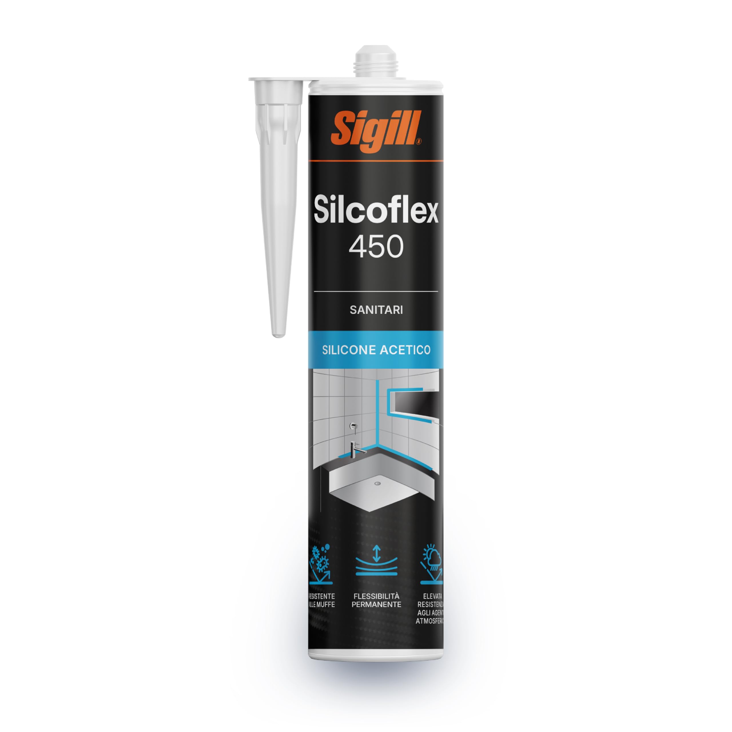 SIGILL, Silcoflex 450, Sigillante Siliconico Acetico Bianco, Ideato per Applicazioni su Vetro, Ceramica e Alluminio, Resistente a Muffe ed Agenti Atmosferici, non Verniciabile, 280 ml