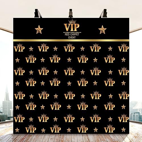 Vista 15 de AOFOTO Telón de fondo VIP de 10 x 7 pies, alfombra roja, decoración de fiesta, fondos de fotografía, fondo de película negro y dorado, fondo