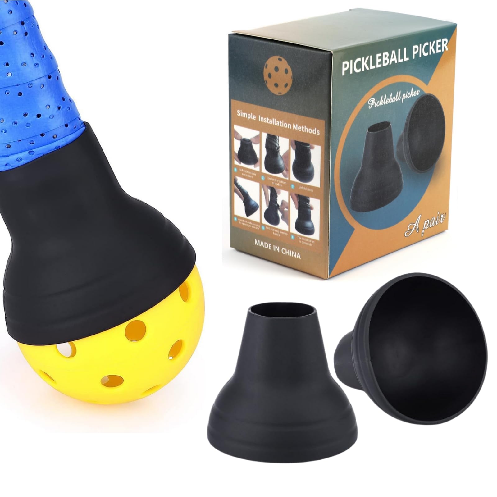 sonecesiya 2-Pack Pickleball Ball Retriever Silicone Pickleball Picker Easy Pick Up Without Bending Down Universal Grabber Suction Cup Fit Any Paddle, Black