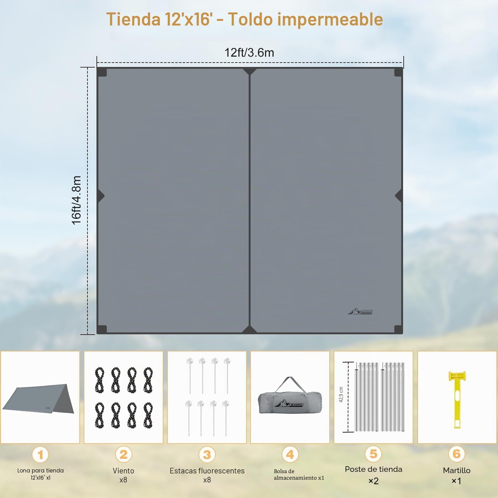 WADEO Lona para Tienda de Campaña 3,6 x 4,8 m, Lona para Camping con Postes + Estacas + Cuerdas tensoras, Impermeable, Ultraligera y Anti-UV, Ideal para Acampar Senderismo Picnic al Aire Libre - Gris