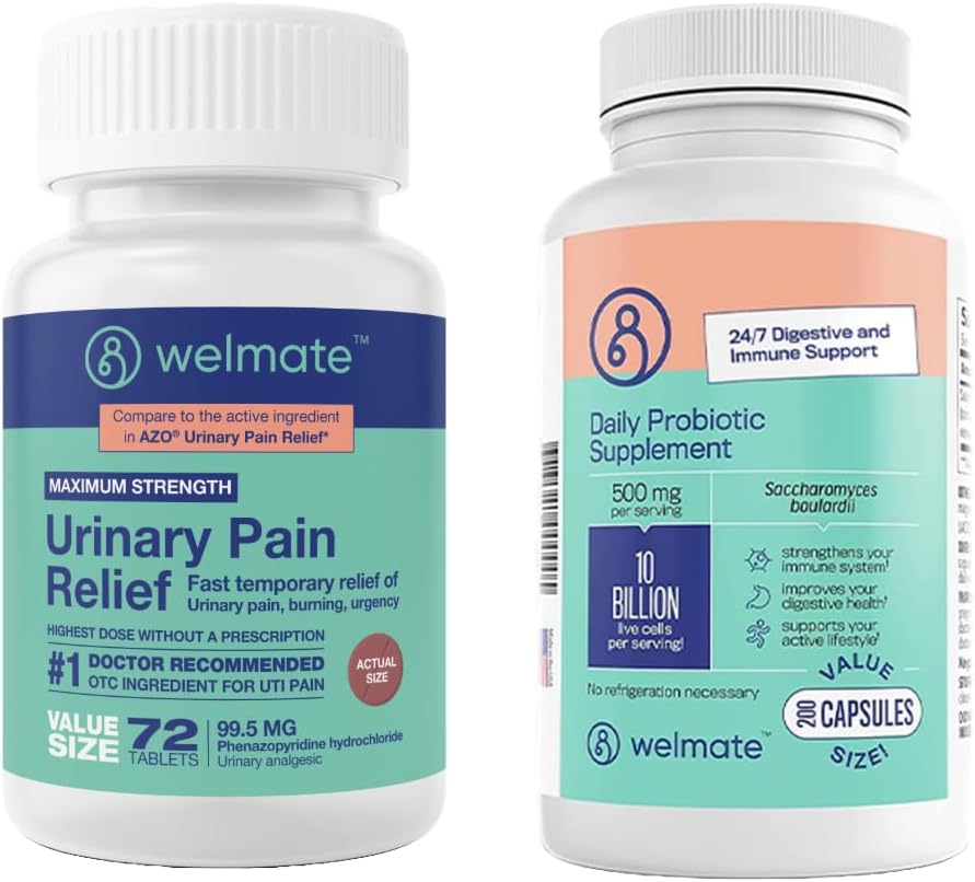 WELMATE Urinary Track Comfort & Digestive Balance Kit: Urinary Pain Relief 99.5mg (72 Ct) & Saccharomyces Boulardii Probiotic (200 Ct) | Enhanced Urinary and Gut Health Support