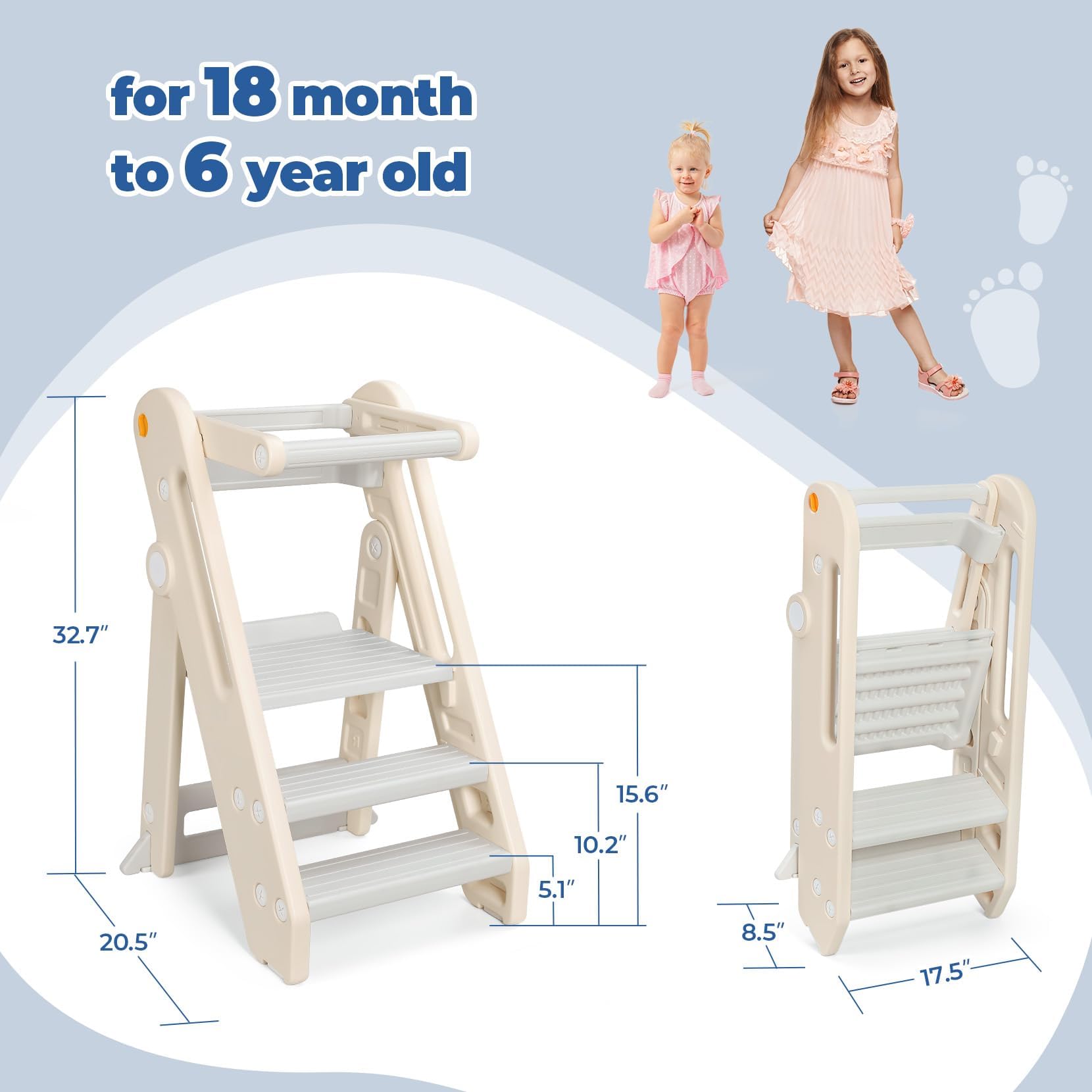 Onasti Torre di Apprendimento per Bambini, Learning Tower,Torre Montessoriana Pieghevole e Regolabile in Altezza per Bambini per Bancone Cucina Lavandino Bagno, Torretta Montessoriana (Bianco)