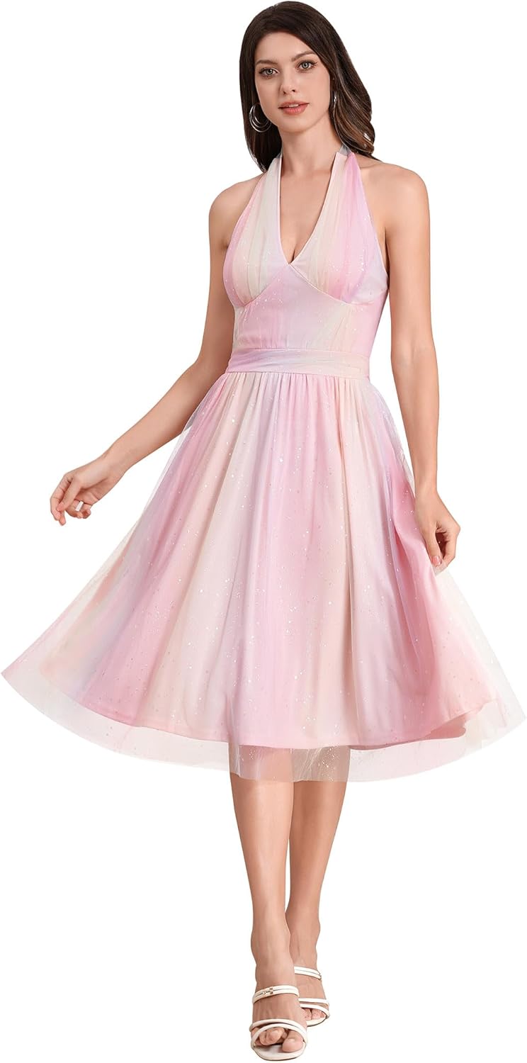 Glitter Sparkle Tulle Prom Dresses for Women Halter V Neck Sleeveless A-Line Wedding Party Short Vintage Homecoming Dress
