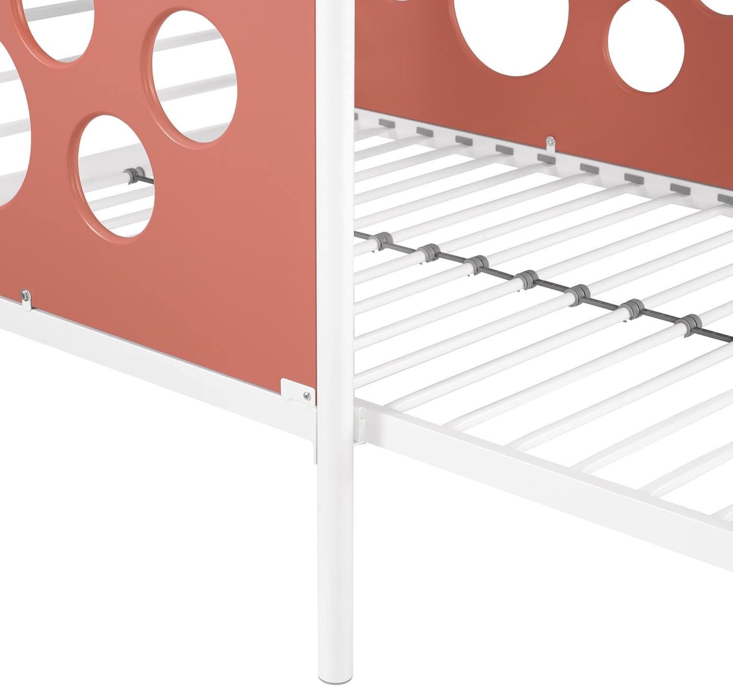 Close-up of the bed frame slats and connection points