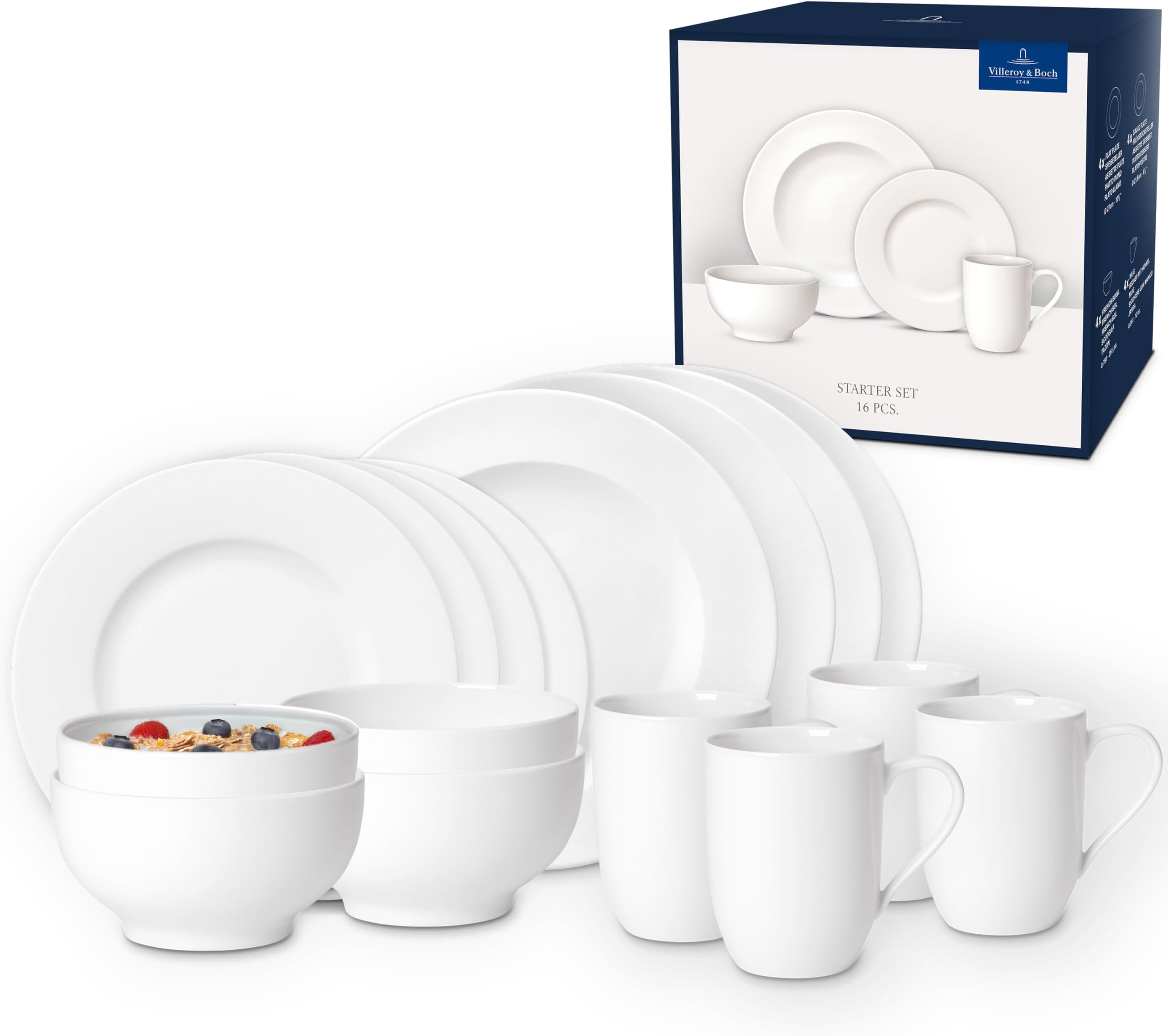 For Me 16-Piece Dinnerware Set, Service for 4, Plates, Bowls & Mugs, Premium Porcelain, Made in Germany, Rich, Creamy White