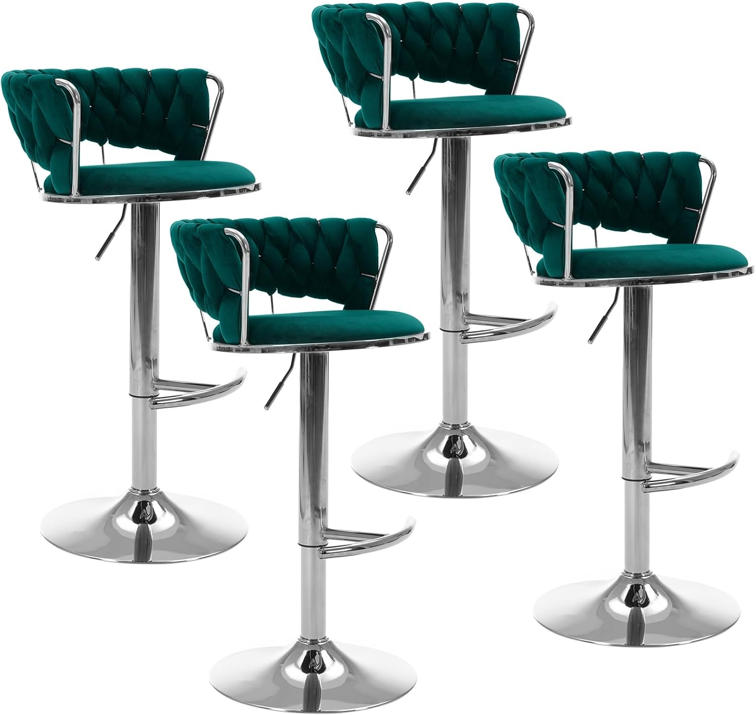 Velvet Swivel Bar Stools Set of 4, Modern Adjustable Barstools with Woven Back, Counter Height Bar Stool with Silver Leg, Upholstered Bar Chair for Kitchen Island, Pub, Cafes, Bar, Counter (Emerald)