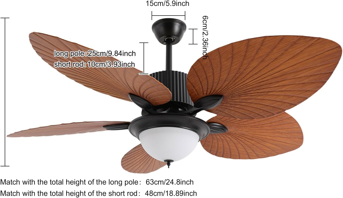52 Inch Tropical Ceiling Fans Palm Leaf Blades Chandelier with Dimmable and Remote Indoor Outdoor for Patios Porch Bedroom 5 Fan Blades 3 Speeds 3 Color Adjustable(White, Neutral, Warm)