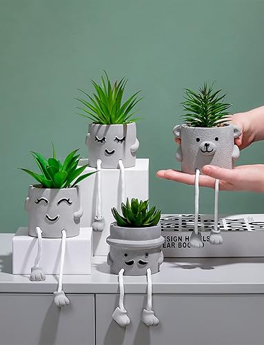 Miniatura 4 de Mini cactus realistas suculentas artificiales con pies colgantes sonrientes, plantas suculentas falsas en maceta de hormigón gris, macetas modernas