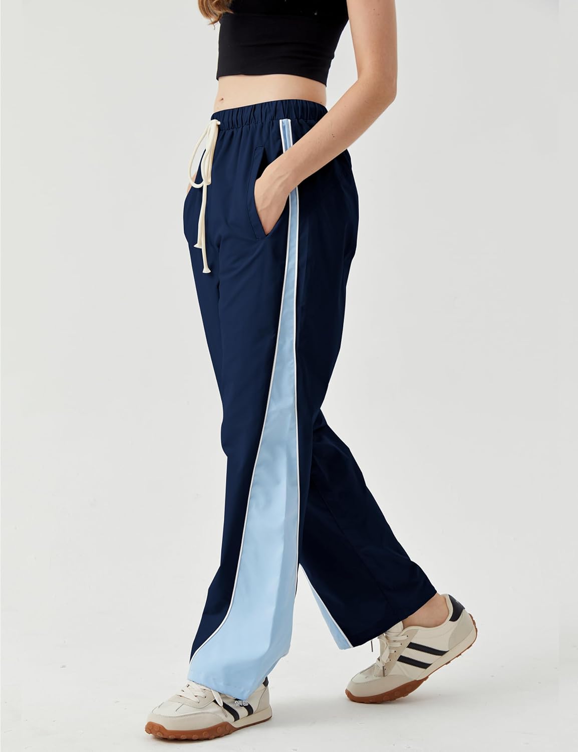 Womens Parachute Pants Color Block Wide Leg Baggy Trousers Y2K Elastic Waist Jogger Sweatpants Track Pants - Image 2