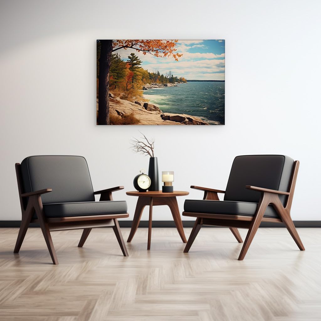 Canvas for Living room. Autumn Serenity by the Sapphire Lake Windswept Shores Cradle Nature's Palette, 27 x 18 inch Canvas Wall Art - Contemporary Masterpieces - Modern Home Decor