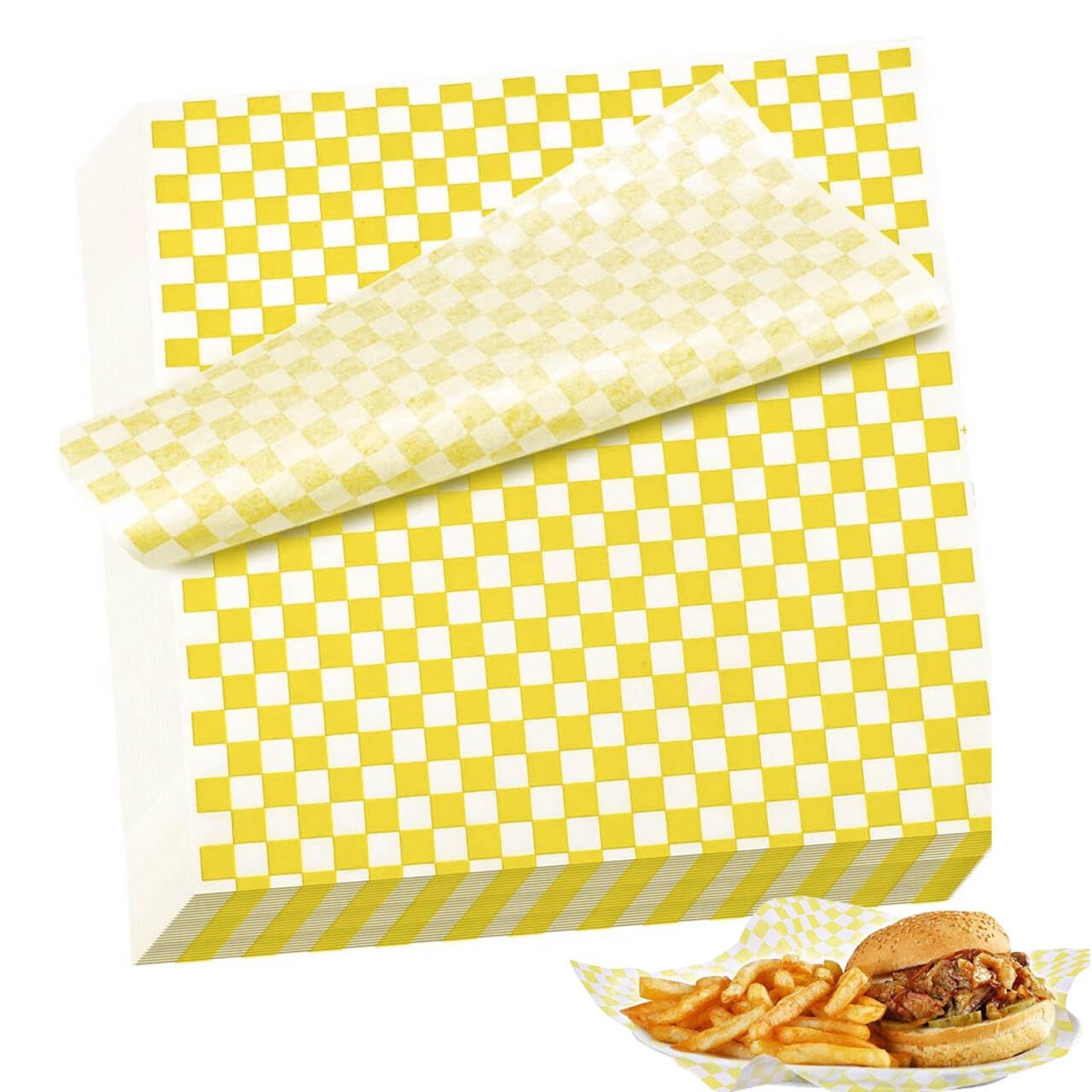 Papier do sera, 100 arkuszy papieru woskowego do artykułów spożywczych, torebek na frytki, papier maślany, papier do pakowania żywności, do kanapek, fast foodów, chleba, hamburgera (żółty)