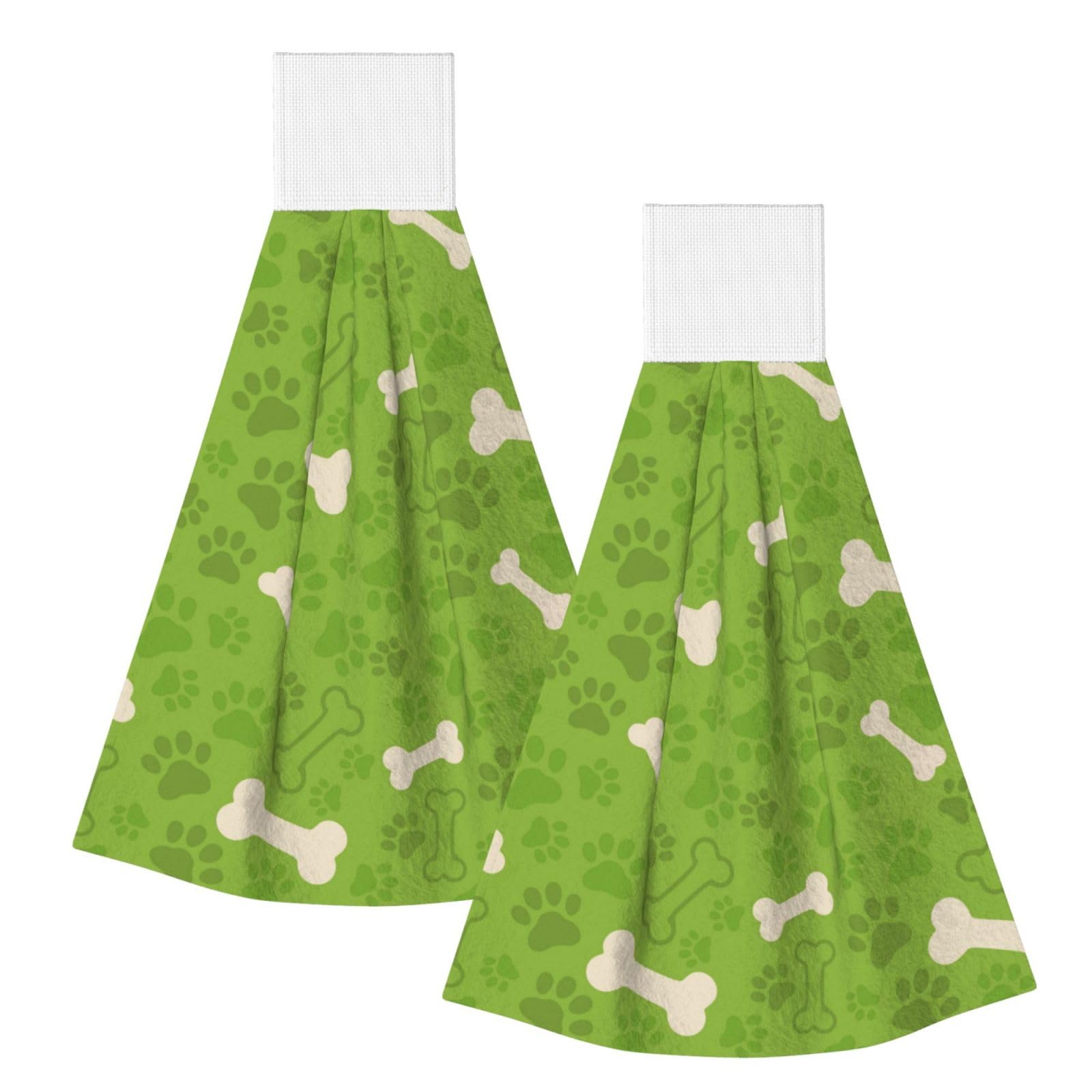 DOPKLNA Green Dog Paw Bones, 2 Pcs Hanging Coral Fiber Hand Towels for Bathroom, Absorbent Kitchen Towels