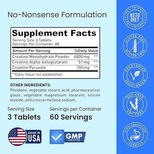Miniatura 3 de Pastillas de Monohidrato de Creatina de Crazy Muscle, Premium con 3 Tipos de 5g de Creatina, Pre y PostEntrenamiento y Constructor de Energía Keto,