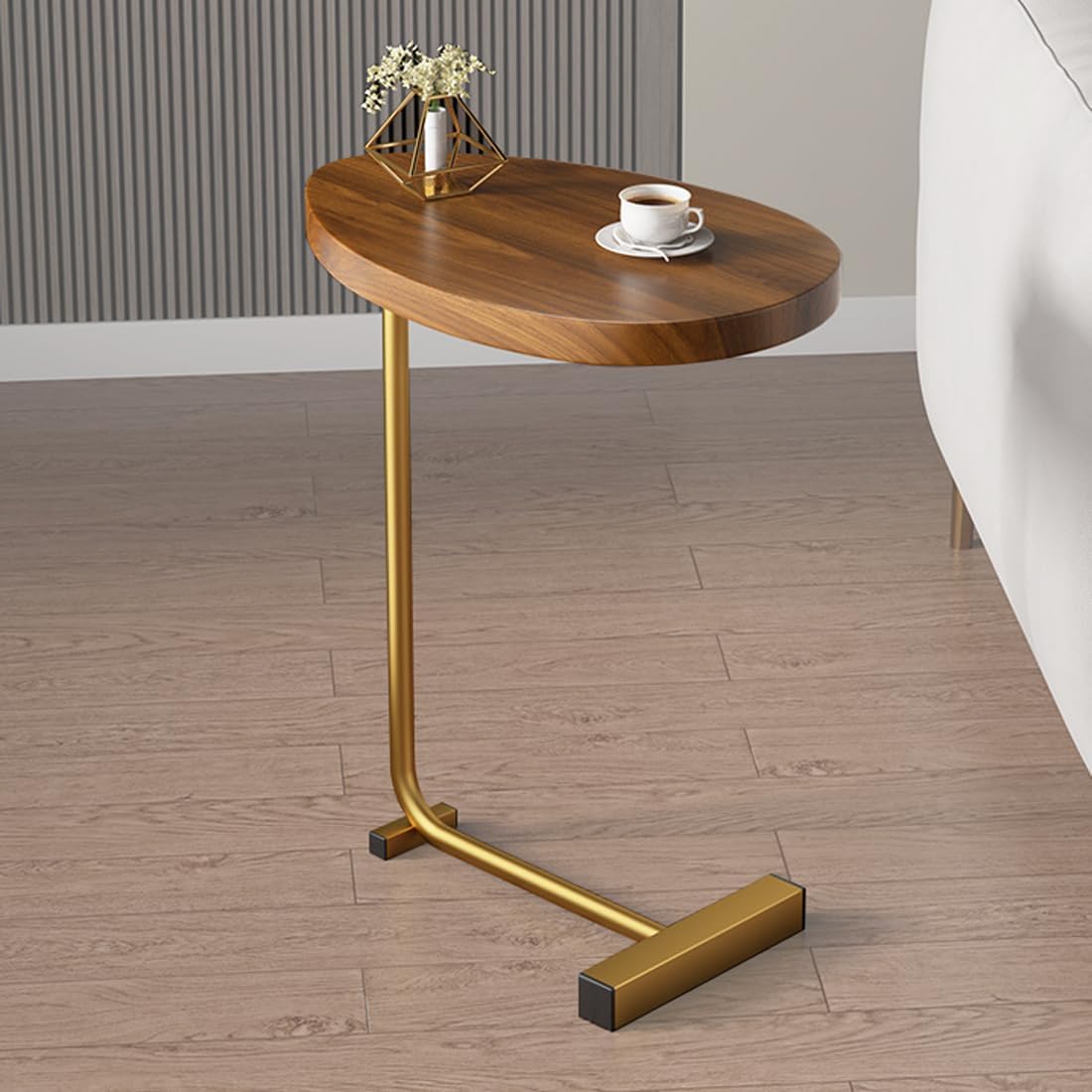 C Shaped End Table, Modern C Shaped Side Table for Sofa and Bedside, Wood C Table End Table Small Couch Side Tables That Slide Under, C Table for Bedroom Living Room, 18”L X 12”W (Golden-A)