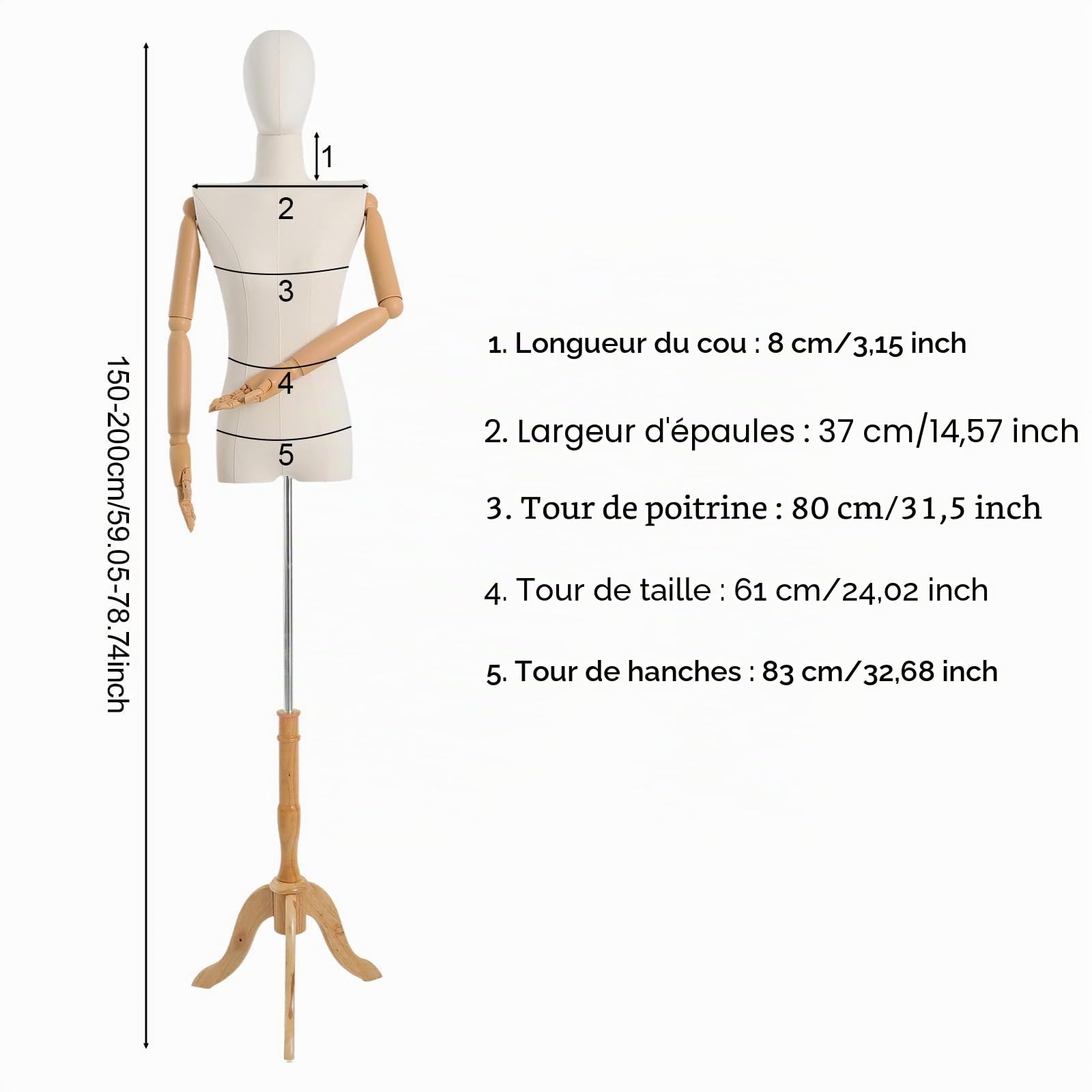 Mannequin de vitrine pour femme - Avec bras et doigts mécaniques - Hauteur réglable de 155 à 200 cm - Pour magasin de vêtements