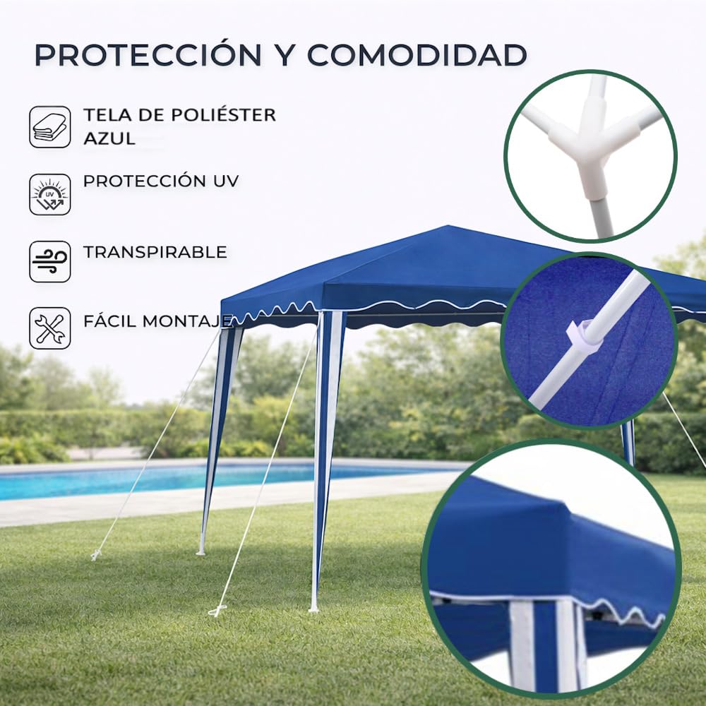 Carpa Cenador Gazebo Desmontable 3 x 3 m Azul | con Tubos de Acero de Alta Resistencia, Protección UV, Poliéster 140gr/m2 Resistente Lluvia| para Playa, Camping, Jardín, Patio, Terraza, Exteriores