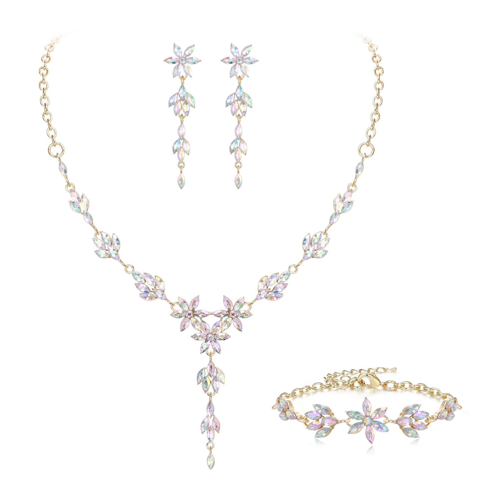 EVER FAITH Juego de joyas de boda para novia, dama de honor, diamantes de imitación, flor de cristal, collar de novia, pendientes y pulsera para mujer, tono plateado claro