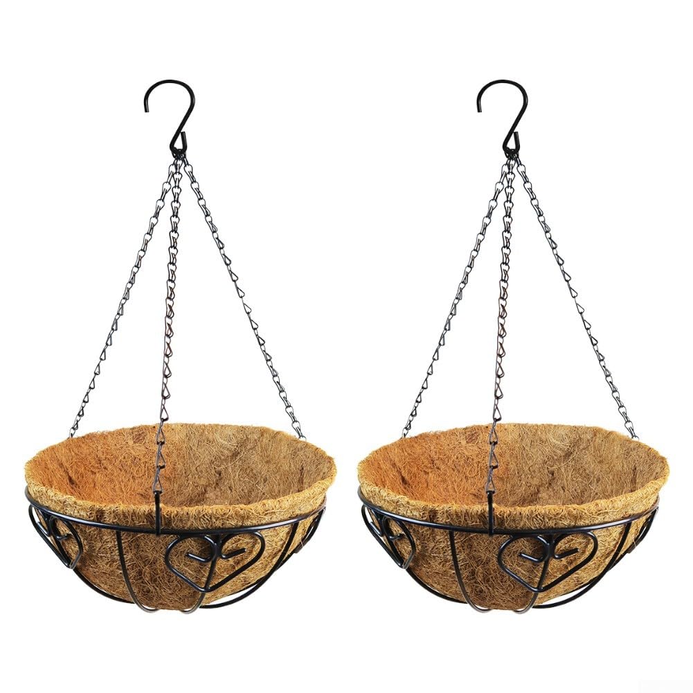 2 vasi da appendere in metallo con rivestimento in fibra di cocco, per giardino, patio, balcone, decorazione (30,5 cm)