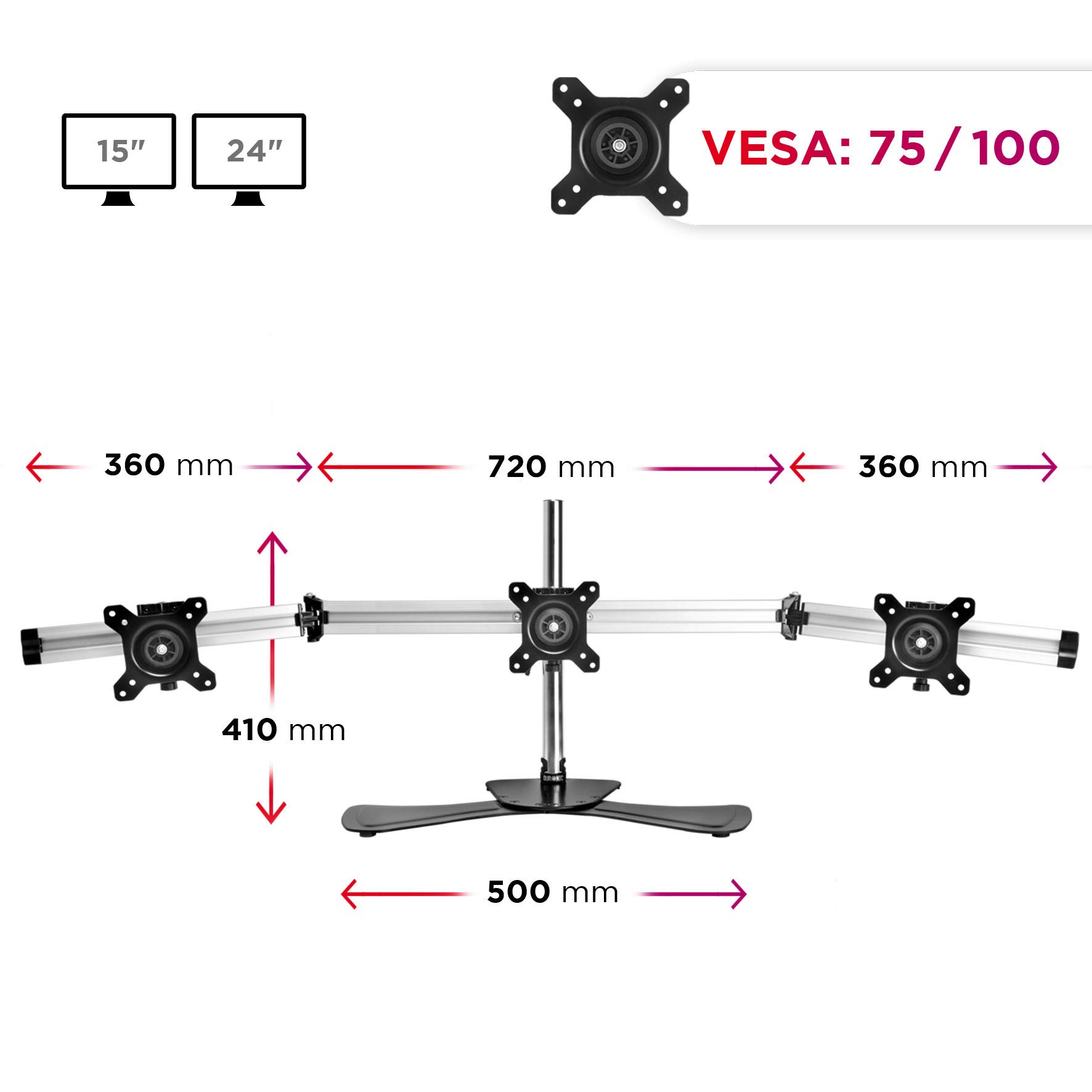 Duronic DM753 Support 3 écrans de PC sur Socle Hauteur Ajustable Rotatif Inclinable Compatibilité avec Moniteur VESA 75 100 Potence et Bras en Aluminium Passe câble Inclus