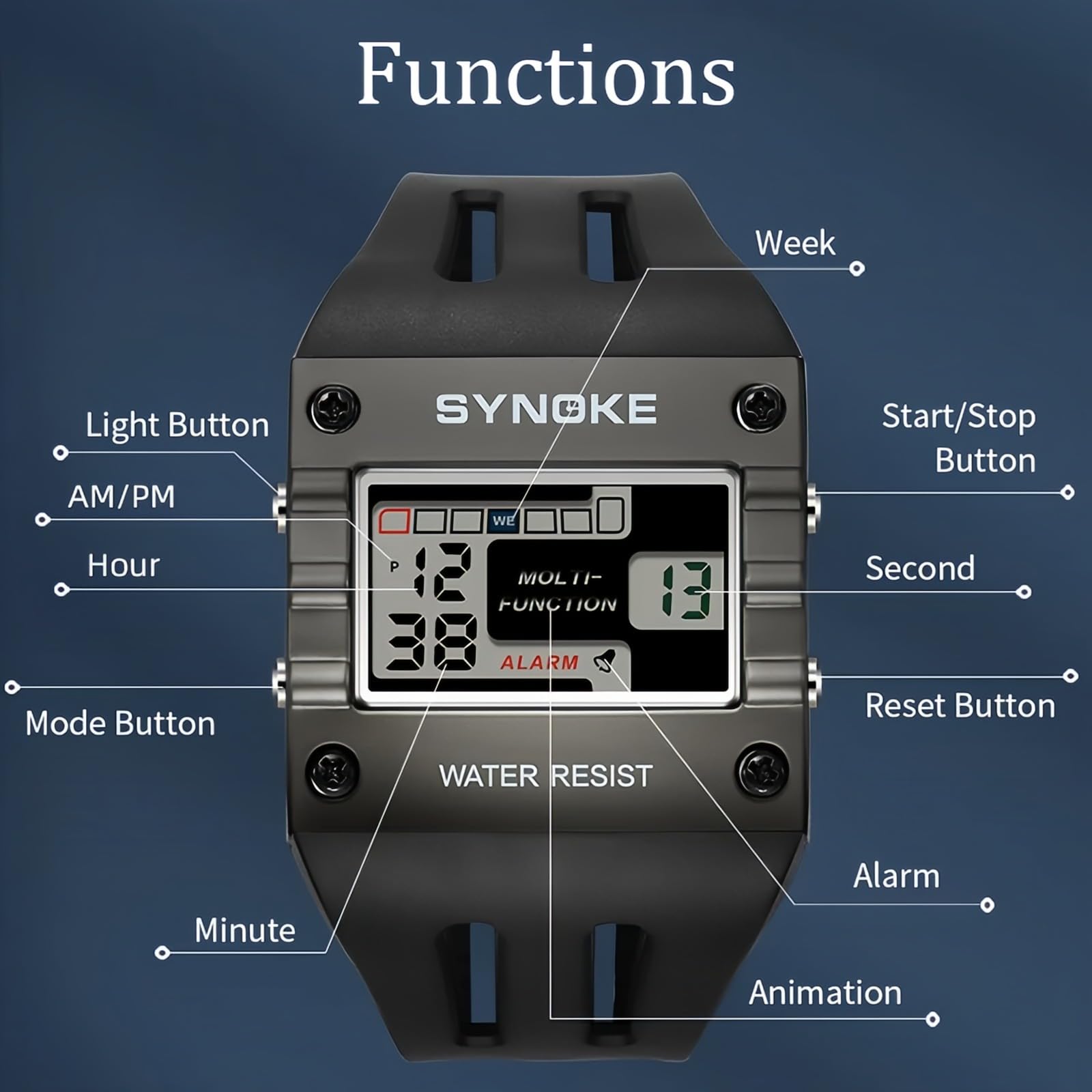 Orologio da polso da uomo, stile retrò, sportivo, digitale, multifunzione, con quadrante grande, rettangolare, retroilluminato, cinturino in poliuretano, cronometro, sveglia, data, stile casual