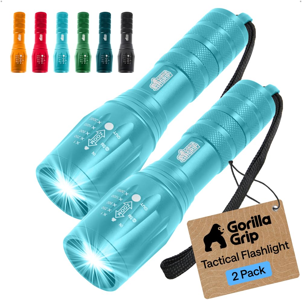 GORILLA GRIP Powerful LED Tactical Flashlight, 2 Pack Turquoise