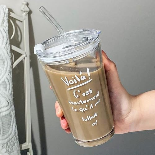 【北欧風・耐熱ガラス】タンブラーグラス 2WAYストロー & 直飲み 450mlグラス 食品級 二層断熱コップ 透明 蓋付き 密閉性 ストロー付き 割れにくい アルファベットプリント ブラシ付き マグカップ 厚底 耐熱耐冷コップ 飲み物ボトル 厚底安定設計