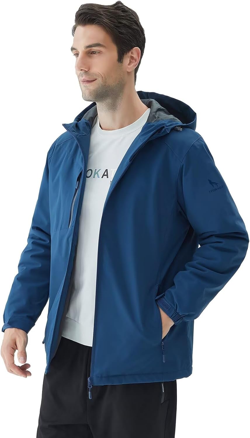 TYSON WOLF Men's Hooded Softshell Jacket Waterproof Zip Up Lightweight Windbreaker Fleece Lined Rain Shell Jacket Casual