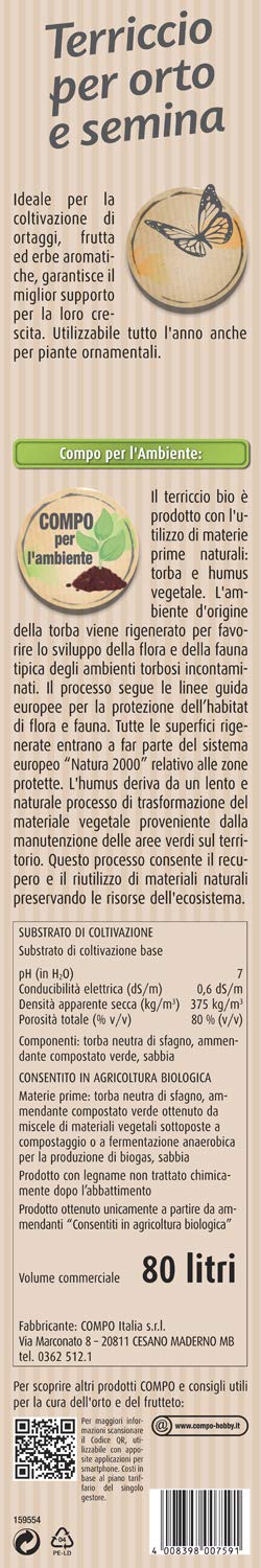COMPO BIO Terriccio per orto e semina, Per colture orticole, frutticole e semina, 80 l
