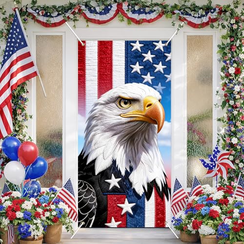 Image of BissYard Patriotic Eagle Door Cover 71 x 35 Inches American Flag Bald Eagle Door Banner USA Independence Front Door Decoration Indoor Outdoor Porch Veterans Memorial Decor
