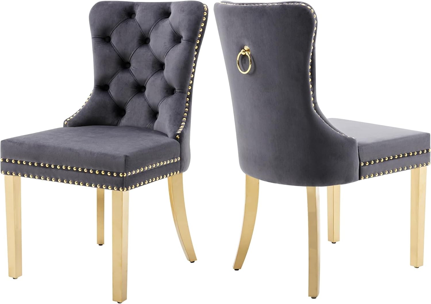 GOOLON Dining Room Chairs Set of 2, Tufted Velvet Chairs with Golden Stainless Legs, Rivet Trim Metal Pull Ring Large Back for Kitchen Dining Room