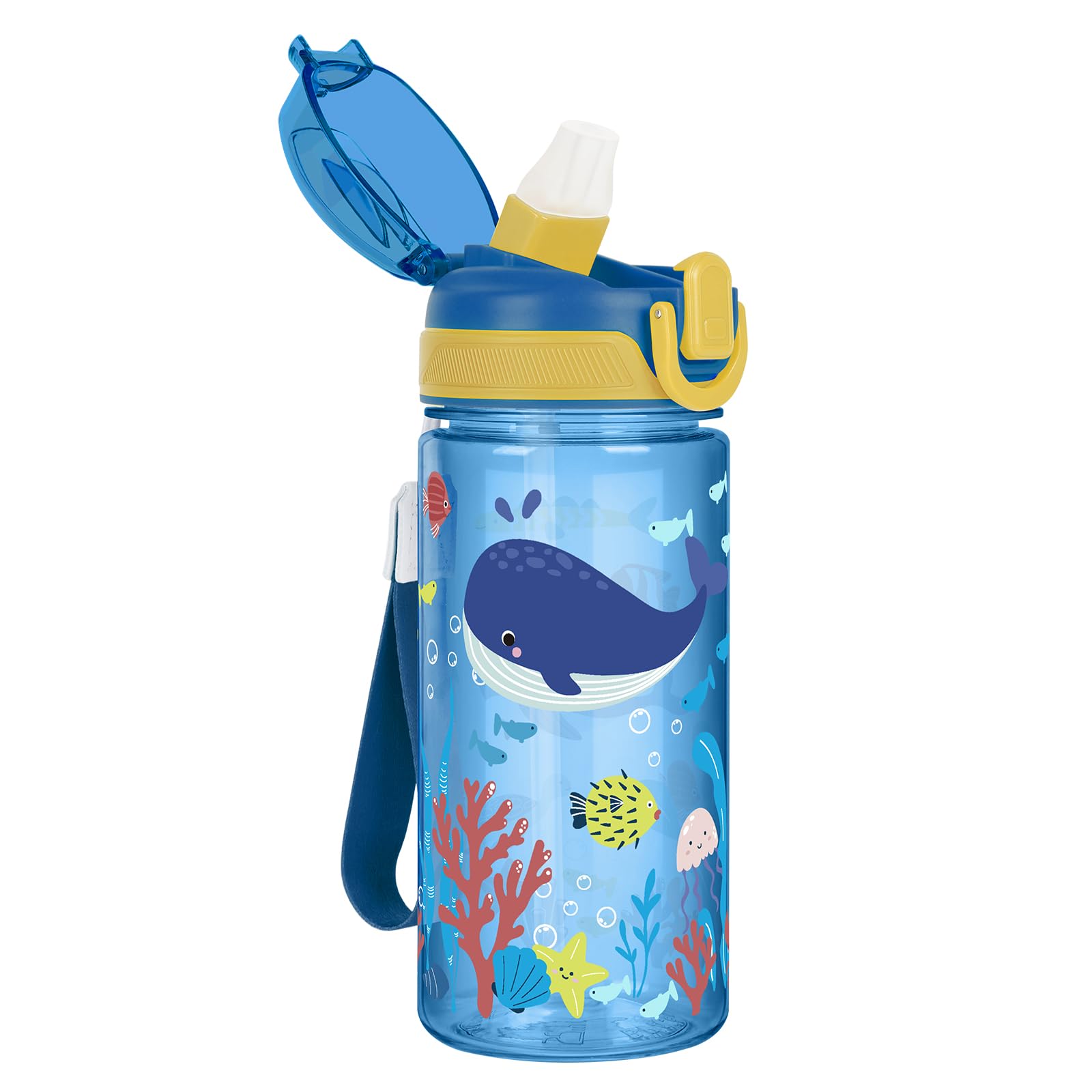 Kids Water Bottles with Straw for Girls & Boys Tritan, 480ML - Sea Creature