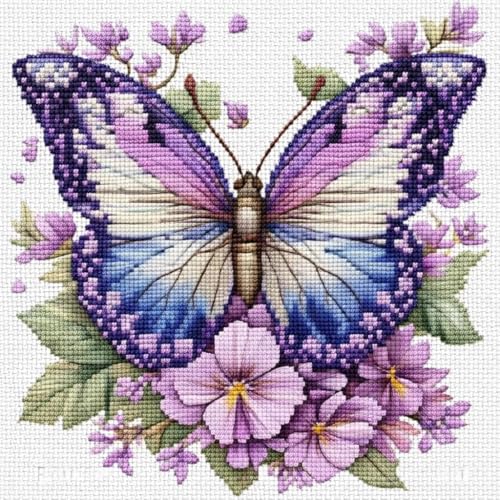 Butterfly Stamped Cross Stitch Kits for Adults Flowers 11CT Needlepoint Counted Cross Stitch Kits for Beginner Printed Dimensions Embroidery Kit Art Craft for Home Wall Decor Gift 14x14 Inch