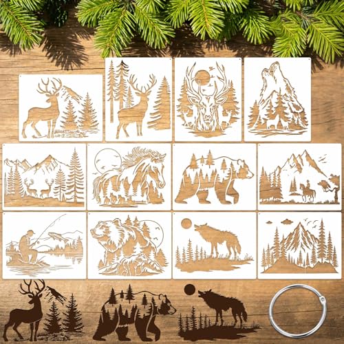 12 Pcs Large Wildlife Wood Burning Stencils, Mountain Bear Deer Wolf Horse Fish Templates, Reusable Drawing Animal Stencil for Painting on Wood DIY Crafts Canvas Wall Fabric(Animal)