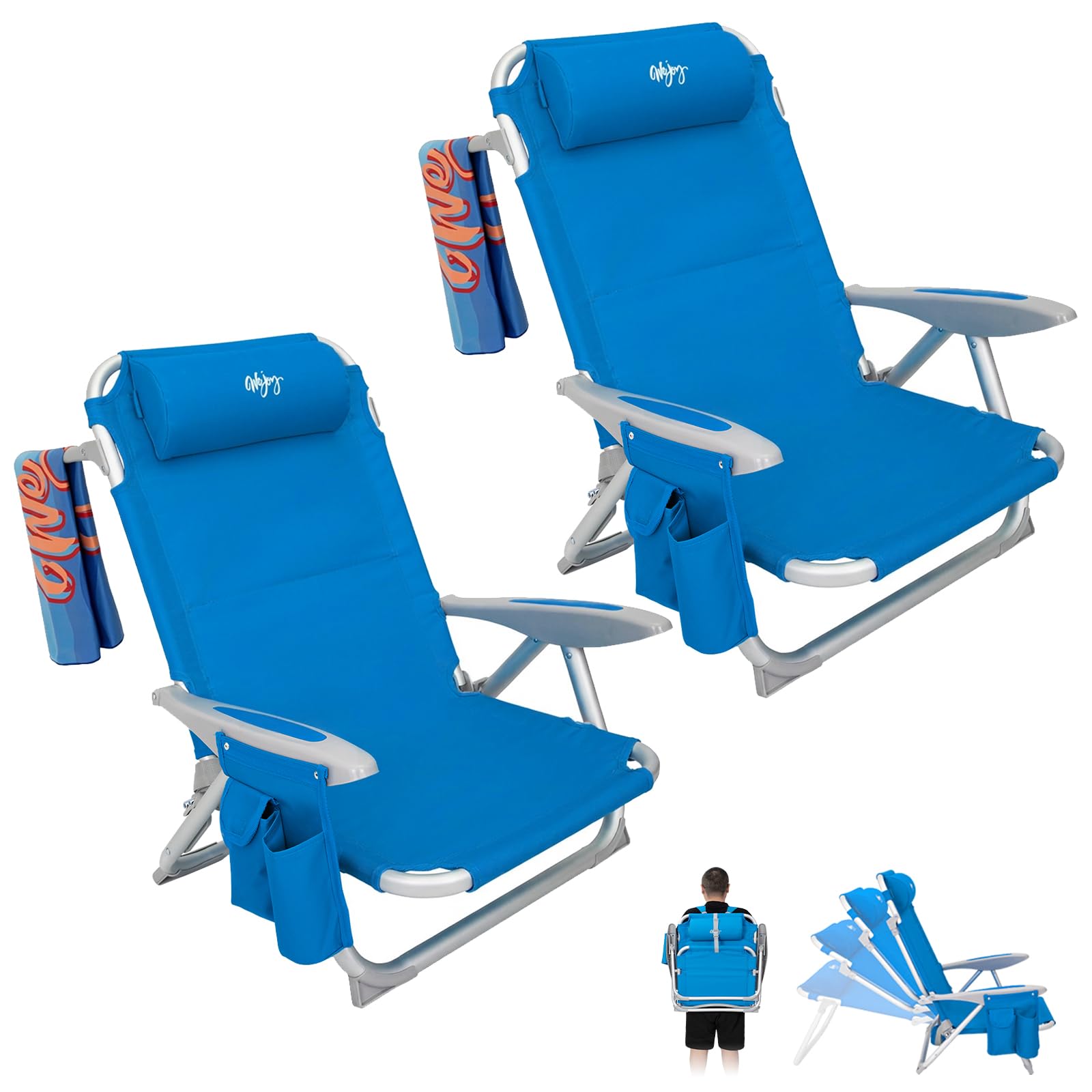 #WEJOY Beach Chair for Adults, Reclining Adjustable Position,Lay Flat Lightweight Folding Portable Aluminum Chair with Backpack Straps,Padded headrest, Heavy Duty 400 lbs Lawn Chair for Beach, 2 Pack