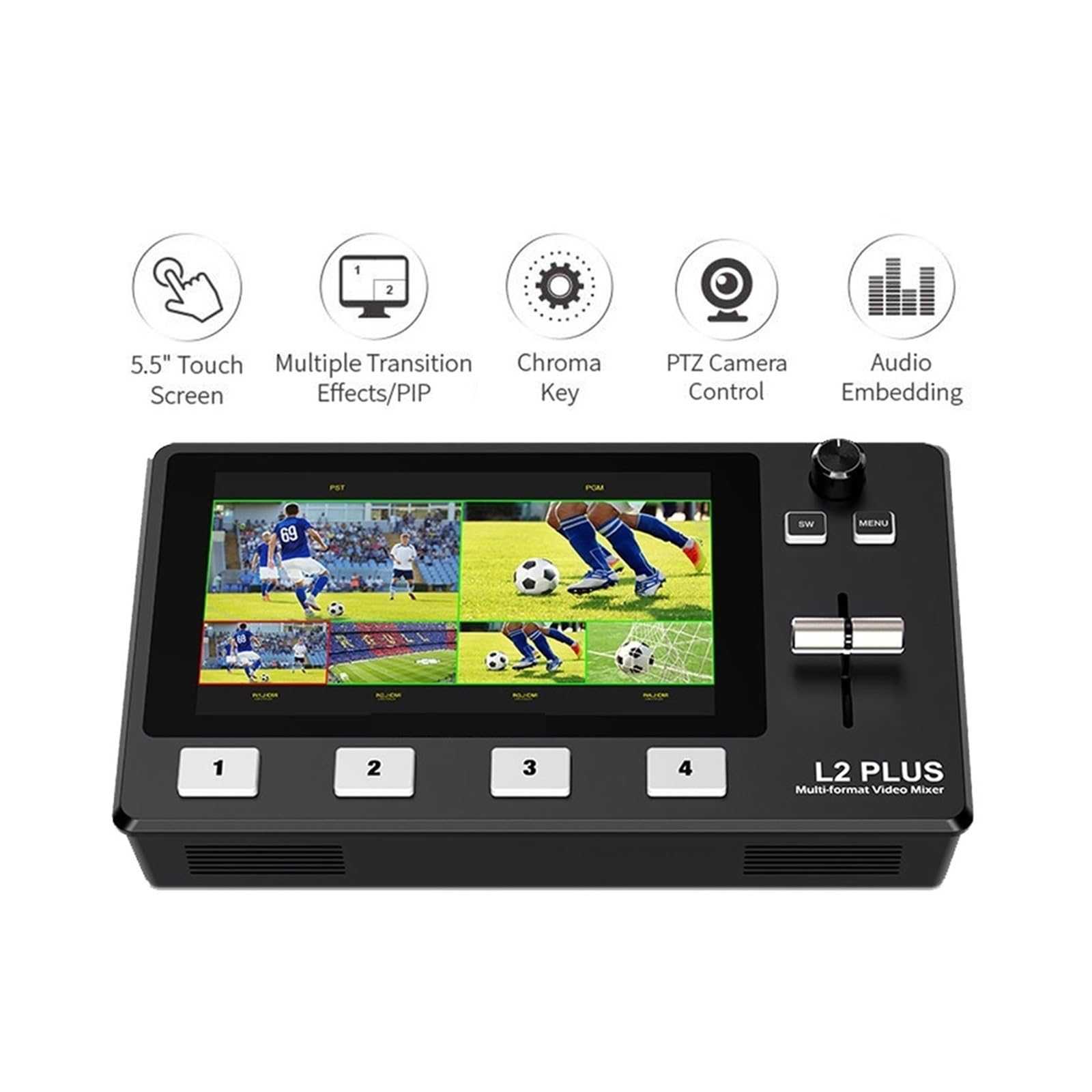 Digitalkonverter, L2 Plus 5,5-Zoll-LCD-Multikamera-Videomischer-Umschalter mit Touchscreen-PTZ-Steuerung, Chroma-Key, USB 3.0 for Live