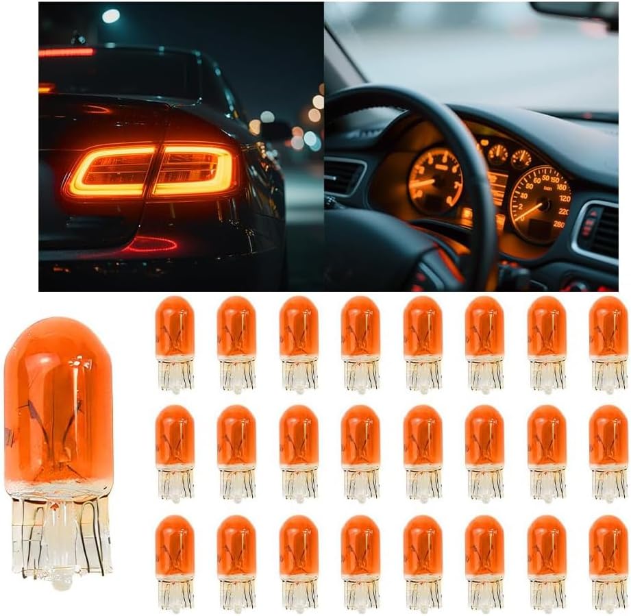 Osilly 25PCS T10 12V 5W Car Turn Signal Light Bulbs, Clear Flat Foot Vehicle Side Marker Lamp Bulbs, Auto Interior Amber Headlight Bulbs Accessories, Universal for SUV, Sedan, Truck (Orange)