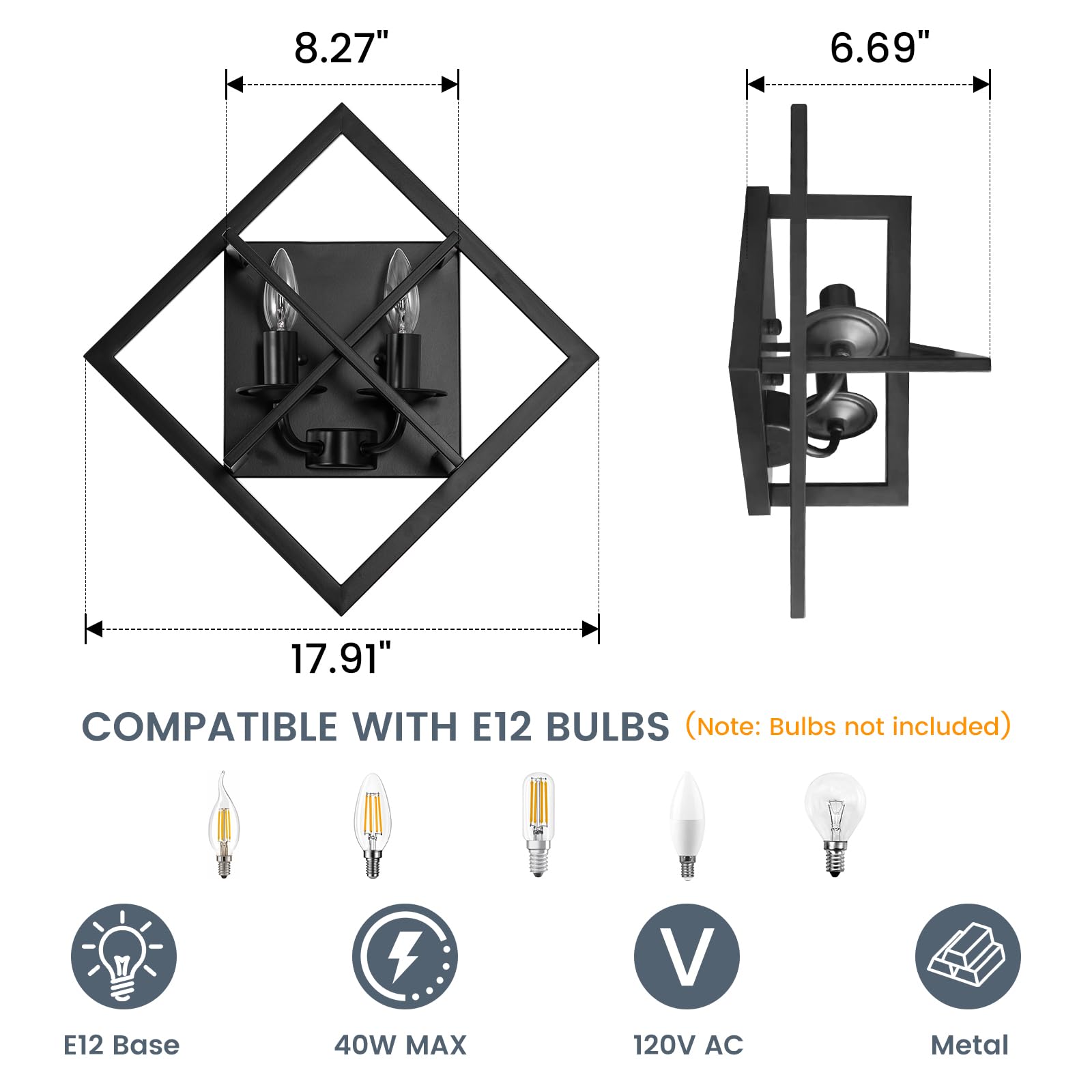 Juego de 2 apliques de pared negros para escaleras, apliques rústicos de pared de 17.8 pulgadas, lámpara de montaje en pared interior para sala de estar, dormitorio, baño (base E12, bombillas 6