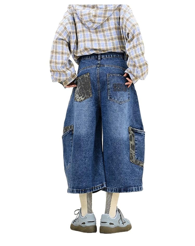 Unisex Y2k Leopard Letter Print Hiphop Wide Leg Multi-Pockets Patchwork Jeans Grunge Punk Loose Fit Denim Pants