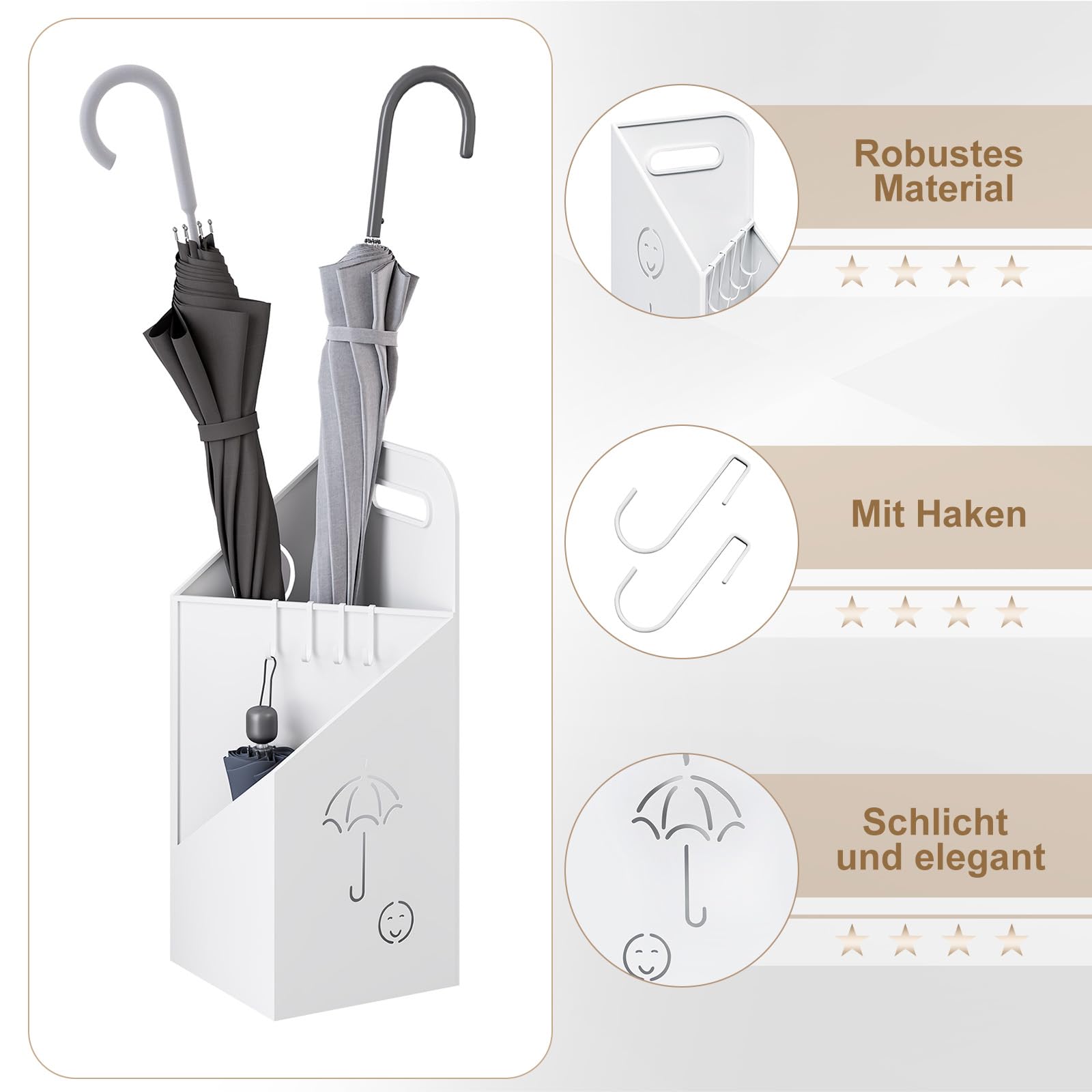 WOLTU Regenschirmständer 2 Slots, Schirmständer Regenschirm, Regenschirmhalter mit Griff, 4 Haken, für Eingangsbereich, 20x49x20 cm, aus Metall, Weiß, SST14ws
